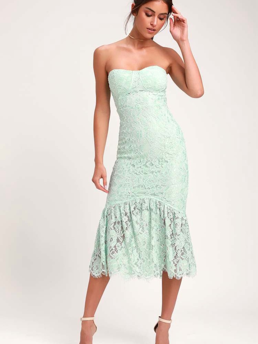 Lulus Divine Nights Mint Green Lace Strapless Midi Dress